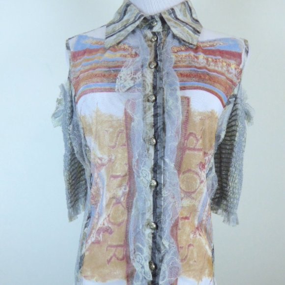 Save the Queen Short Sleeve open shoulder lace top M - Picture 1 of 8